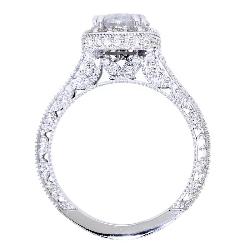 Vintage Style Cushion Halo and 7mm Round Diamond Center Engagement Ring Setting, 0.95CT Total Sides in 14k White Gold