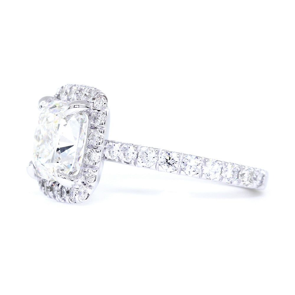 Cushion Halo and 8.5mm Cushion Cut Center Diamond Engagement Ring Setting, 0.87CT Total Sides in 14k White Gold