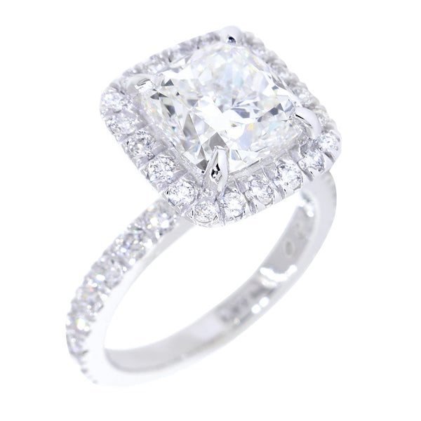 High Set Cushion Halo and 8.5mm Cushion Cut Center Diamond Engagement Ring Setting, 0.87CT Total Sides in 14k White Gold