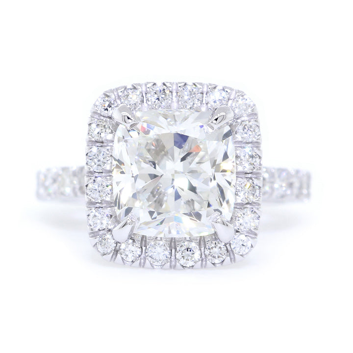 High Set Cushion Halo and 8.5mm Cushion Cut Center Diamond Engagement Ring Setting, 0.87CT Total Sides in 14k White Gold