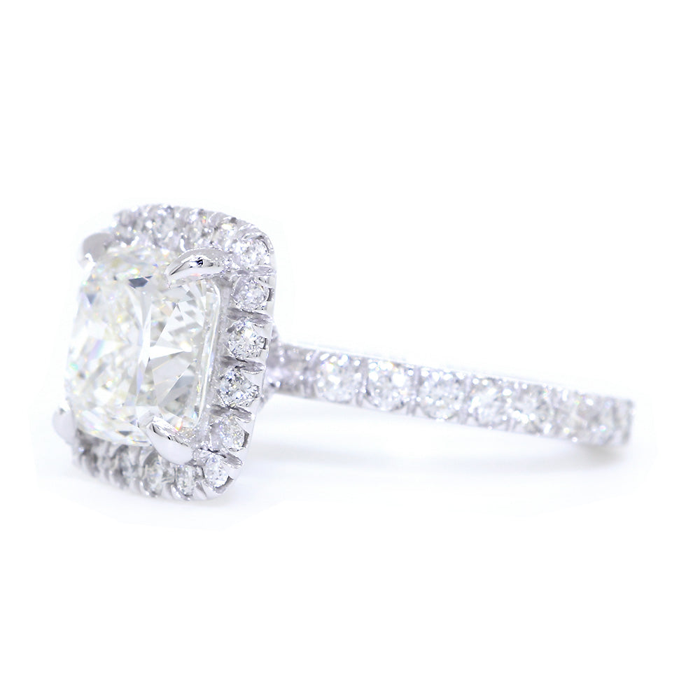 High Set Cushion Halo and 8.5mm Cushion Cut Center Diamond Engagement Ring Setting, 0.87CT Total Sides in 14k White Gold