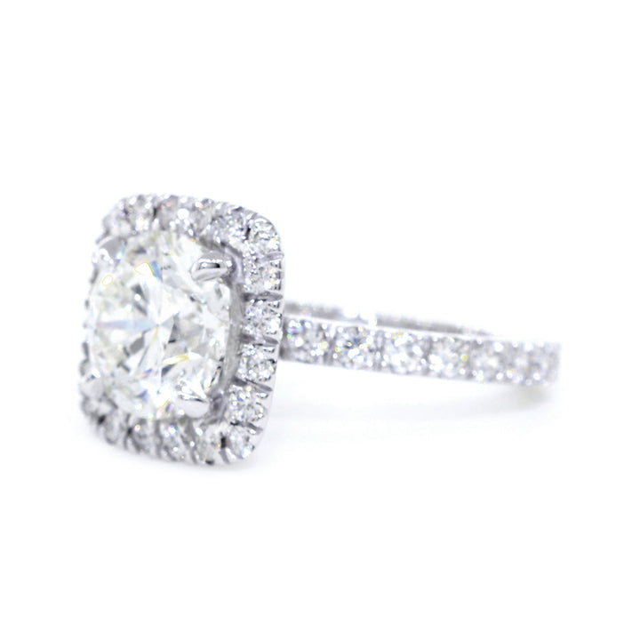 Cushion Halo and 9mm Round Diamond Center Engagement Ring Setting, 0.87CT Total Sides in 14k White Gold