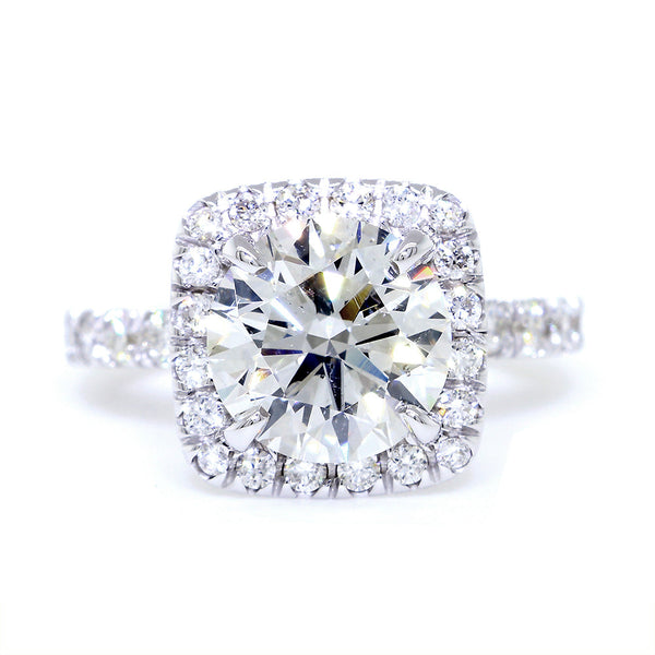 Cushion Halo and 8.5mm Round Diamond Center Engagement Ring Setting, 0.87CT Total Sides in 14k White Gold