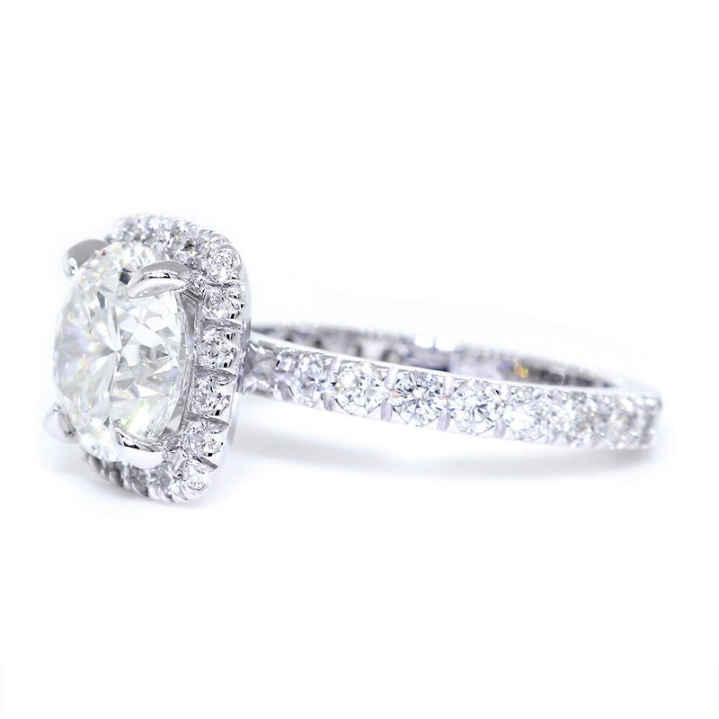 Cushion Halo and 8mm Round Diamond Center Engagement Ring Setting, 0.87CT Total Sides in 14k White Gold