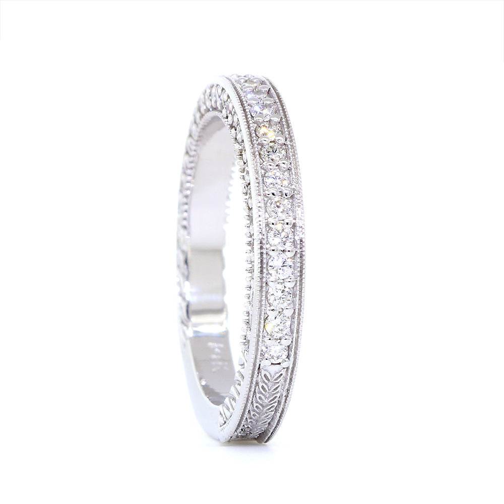 Vintage Style Diamond Wedding Band, Carved Details, 0.70CT in 14K White Gold