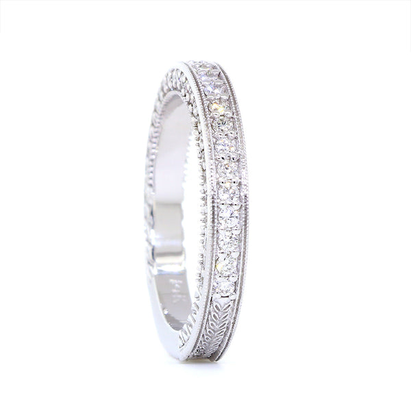 Vintage Style Diamond Wedding Band, Carved Details, 0.70CT in 14K White Gold