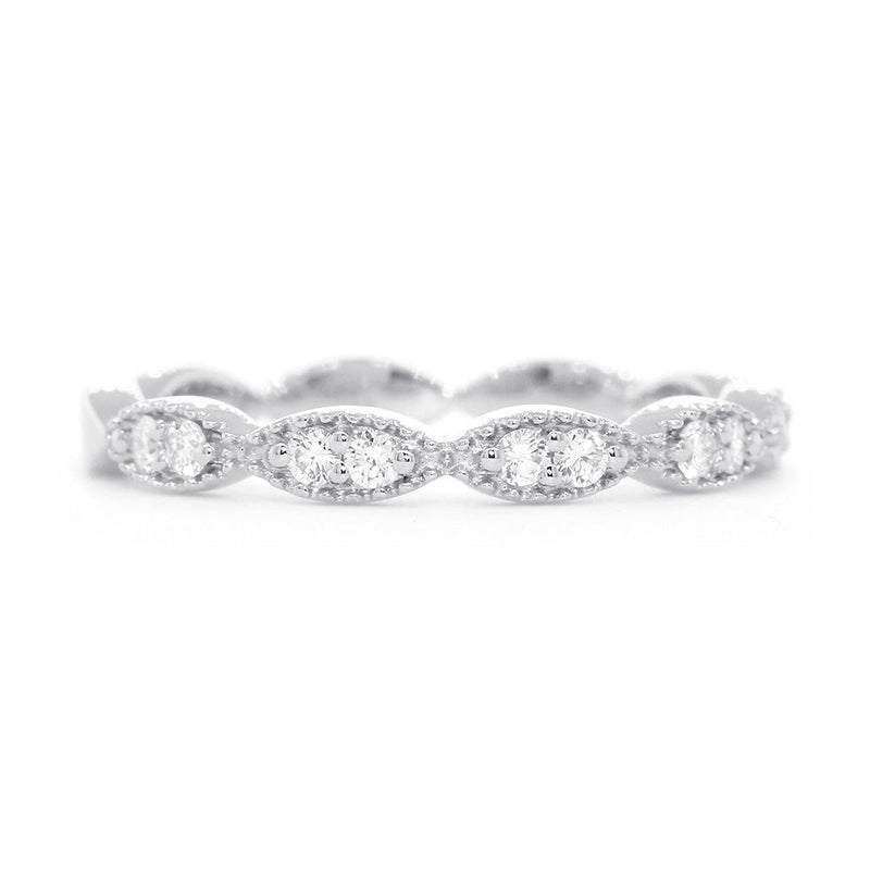 Vintage Style Diamond Millgrain Band, Set Past Halfway, 0.20CT in 14K White Gold