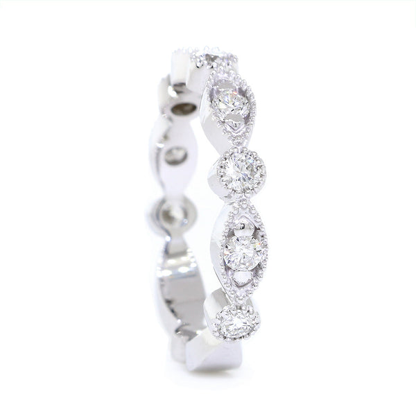 Ladies Millgrain Diamond Band, Alternating Shapes Set Past Halfway, 0.42CT in 14K White Gold