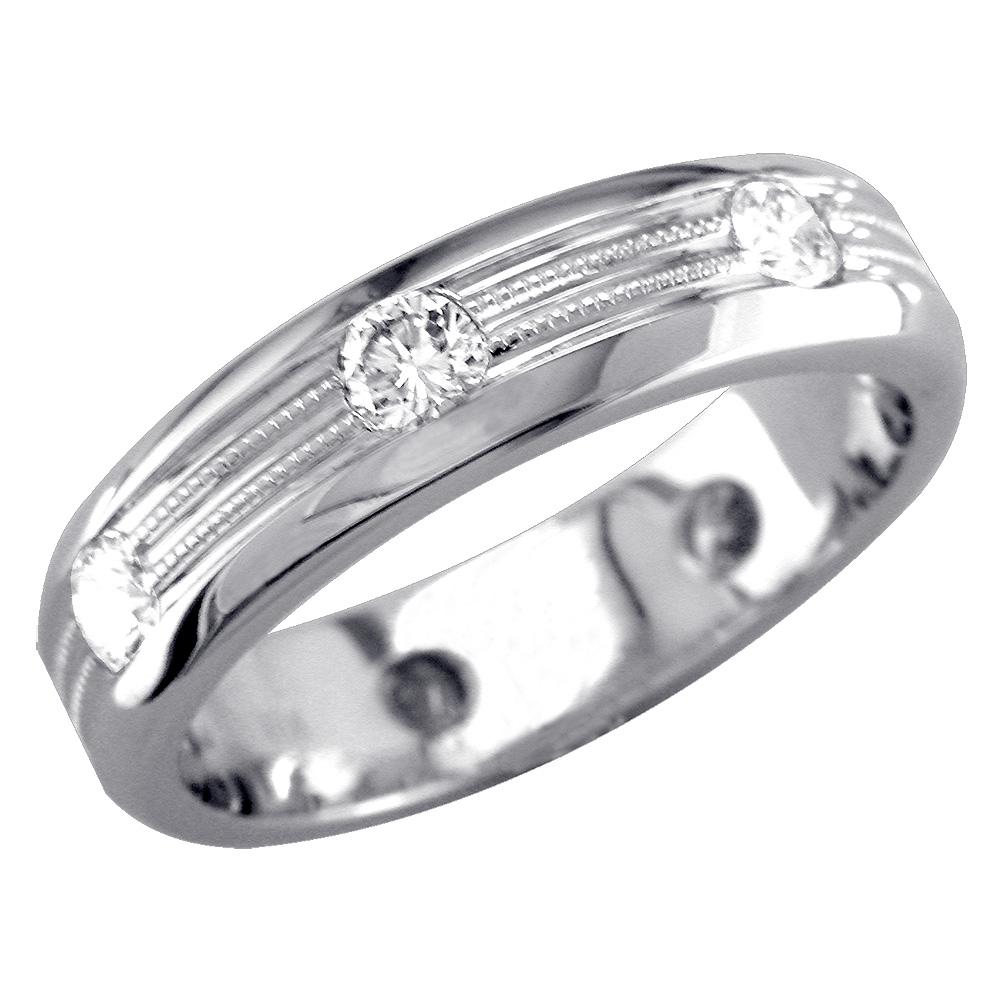 Mens Domed Diamond Band with 2 Rows of Millgrain, 1.00CT in 18k White Gold