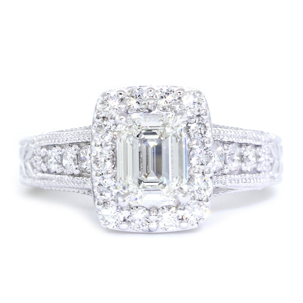 Emerald Cut Diamond Halo Engagement Ring Setting, 1.22CT Sides in 14k White Gold