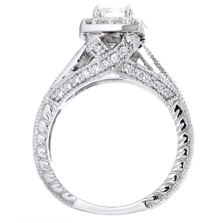 Emerald Cut Diamond Halo Engagement Ring Setting, 1.22CT Sides in 14k White Gold