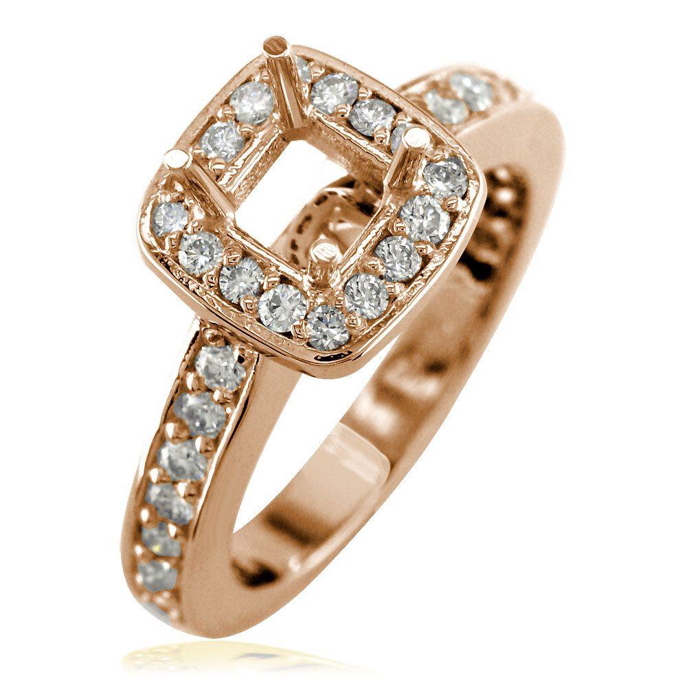 Cushion Halo Princess Cut Diamond Engagement Ring Setting in 14K Pink, Rose Gold, 0.64CT Sides