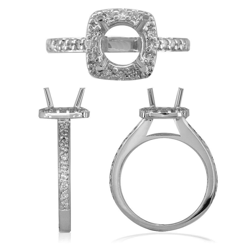 Cushion Halo Round Diamond Engagement Ring Setting in 18K White Gold, 0.40CT Sides