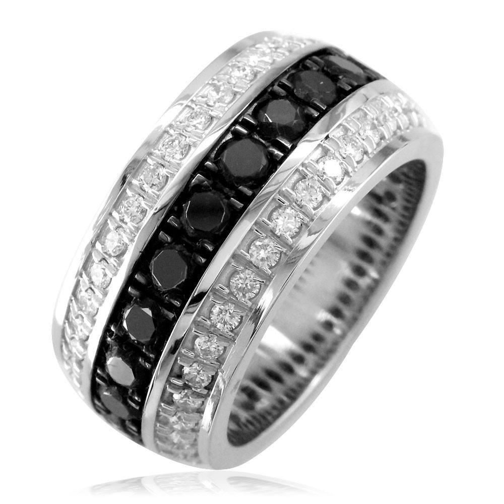 Mens Wide Black and White Diamonds Wedding Band in 14k White Gold