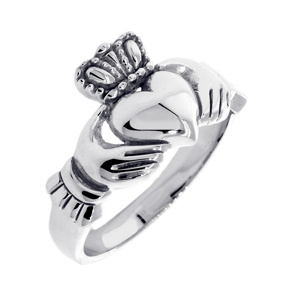 Gents Claddagh Wedding Ring in 18k White Gold