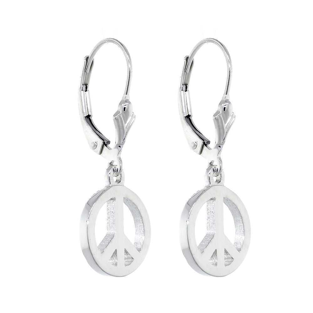 11mm Peace Sign Charm Lever Back Earrings in 14k White Gold