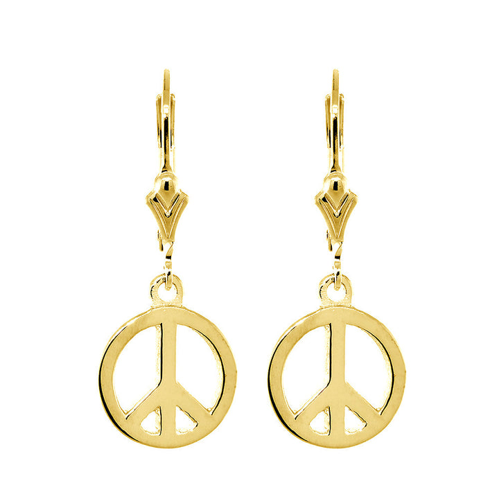11mm Peace Sign Charm Lever Back Earrings in 14k Yellow Gold