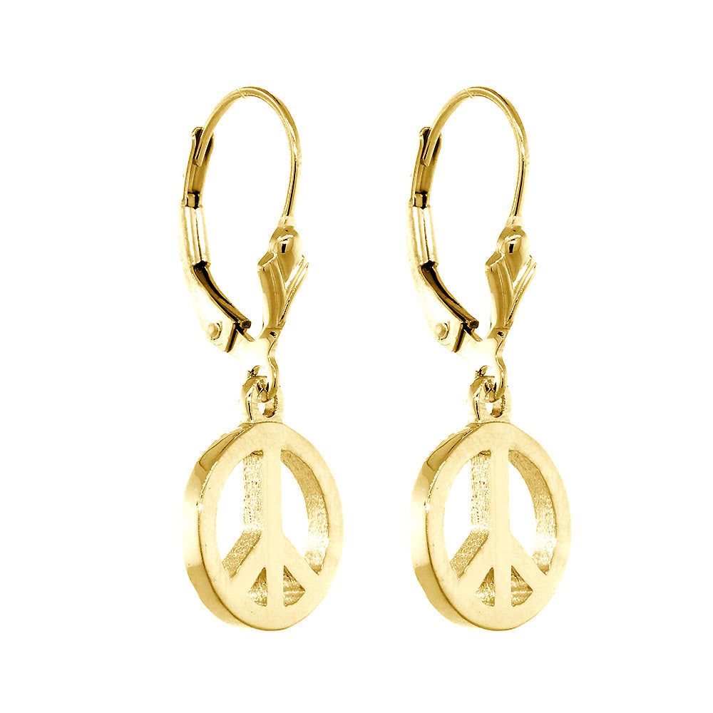 11mm Peace Sign Charm Lever Back Earrings in 14k Yellow Gold