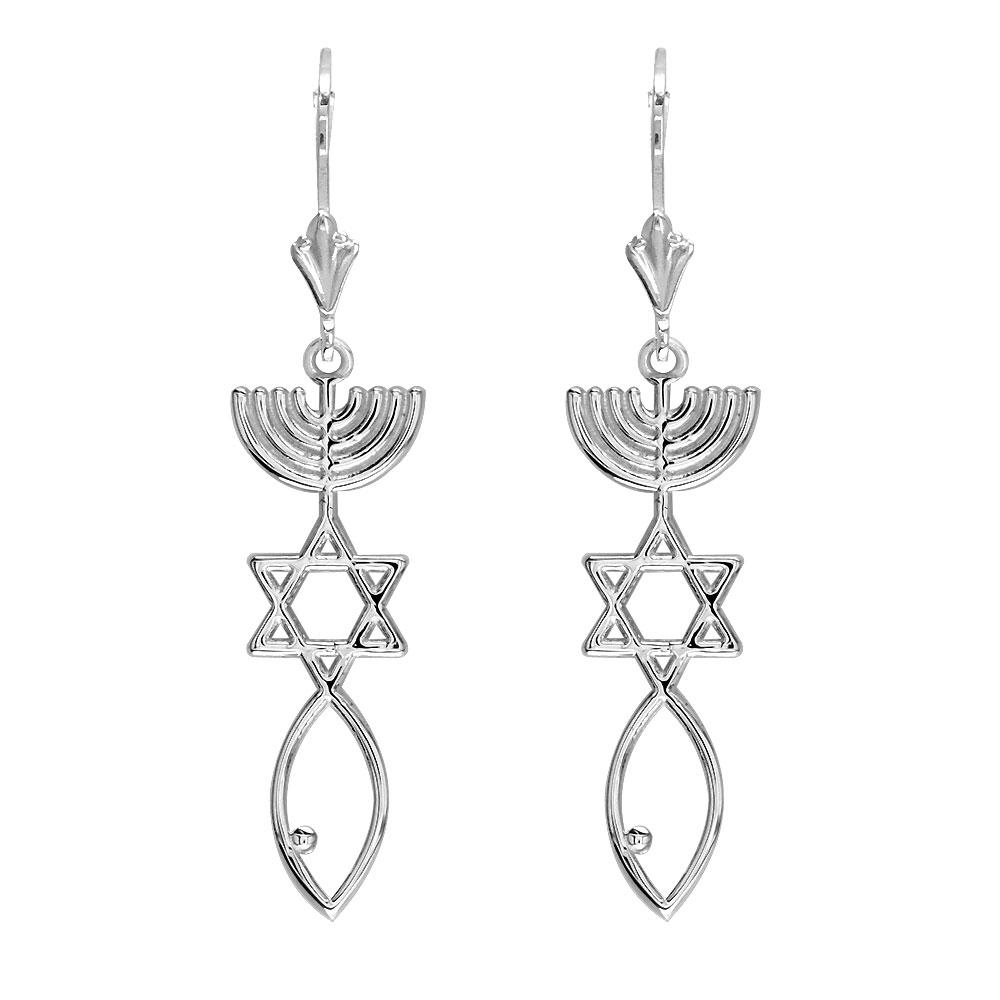 Messianic Seal Jewelry Charm Earrings in 14K White Gold