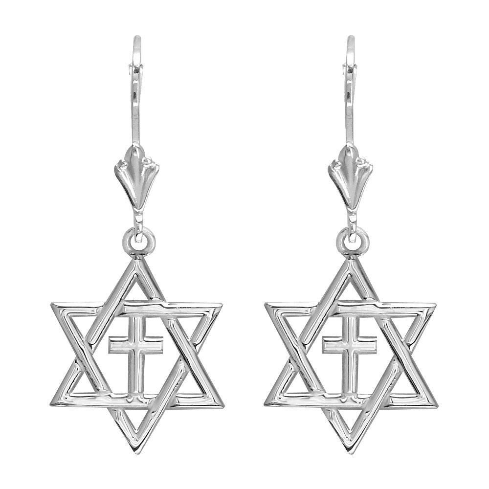 Small Messianic Star of David with Cross Charm Earrings in 14k White Gold
