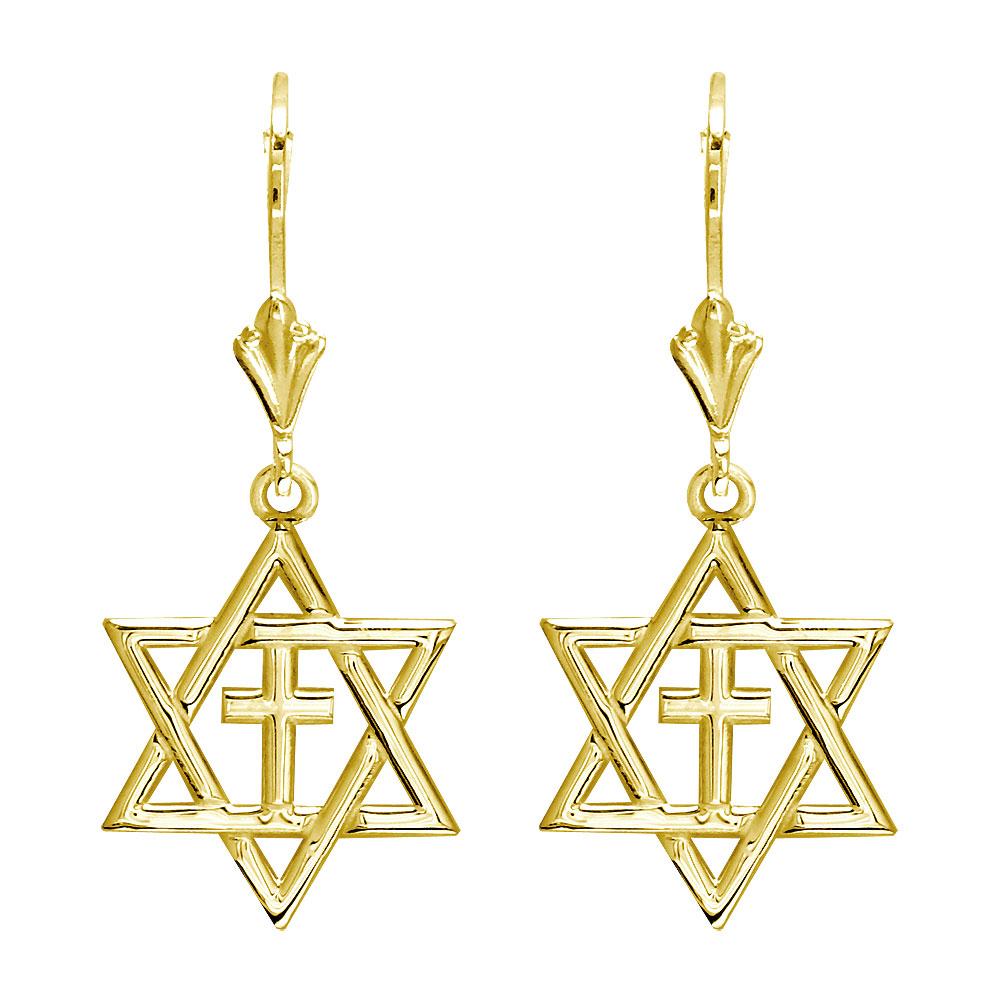 Small Messianic Star of David with Cross Charm Earrings in 14k Yellow Gold