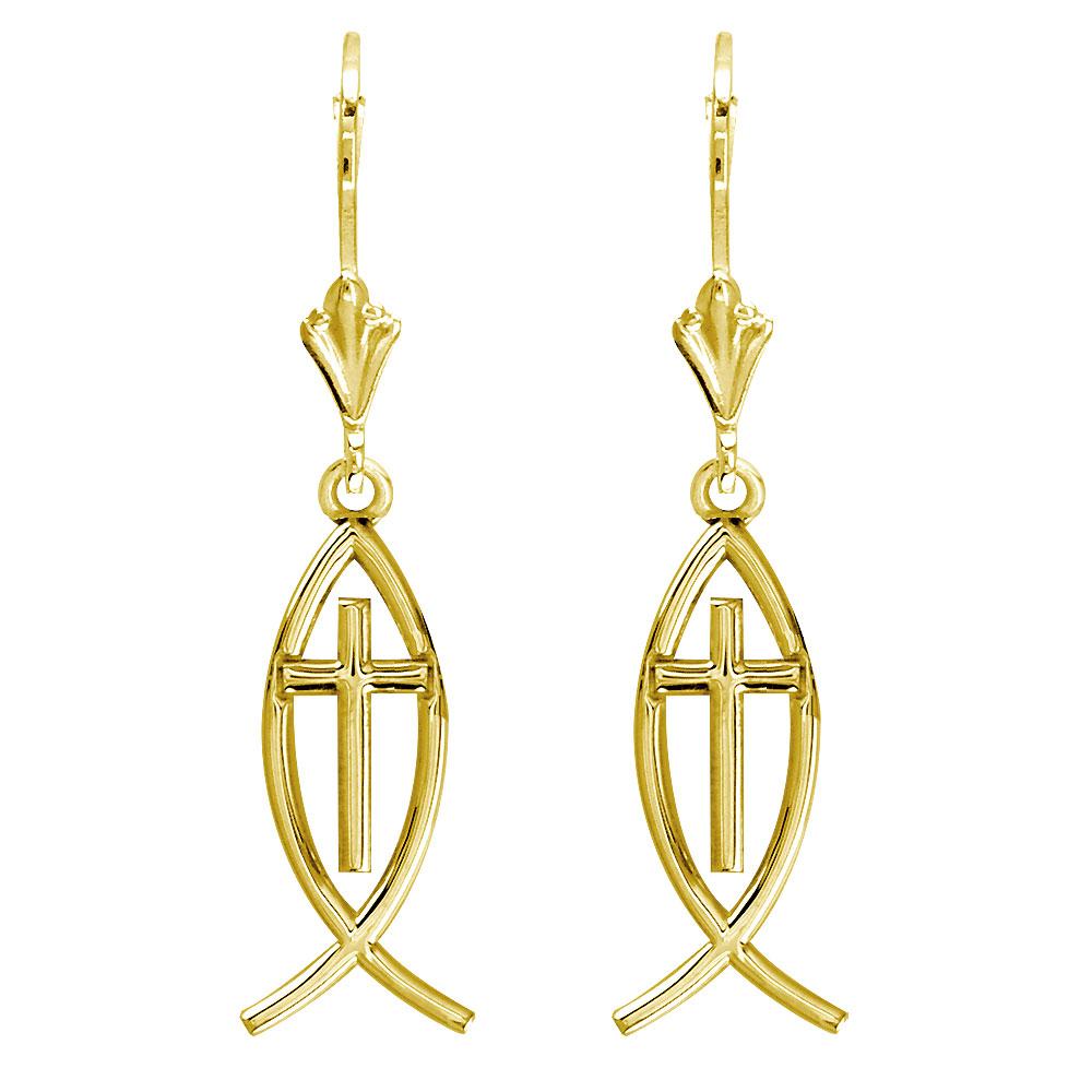Small Messianic Fish with Cross Charm Earrings in 14k Yellow Gold