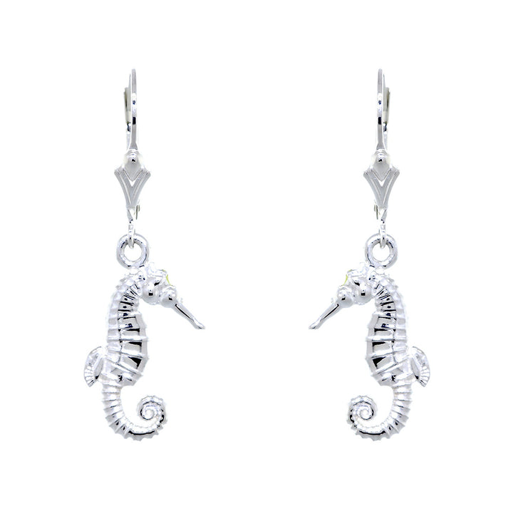17mm Small Seahorse Charm Lever Back Earrings in 14k White Gold