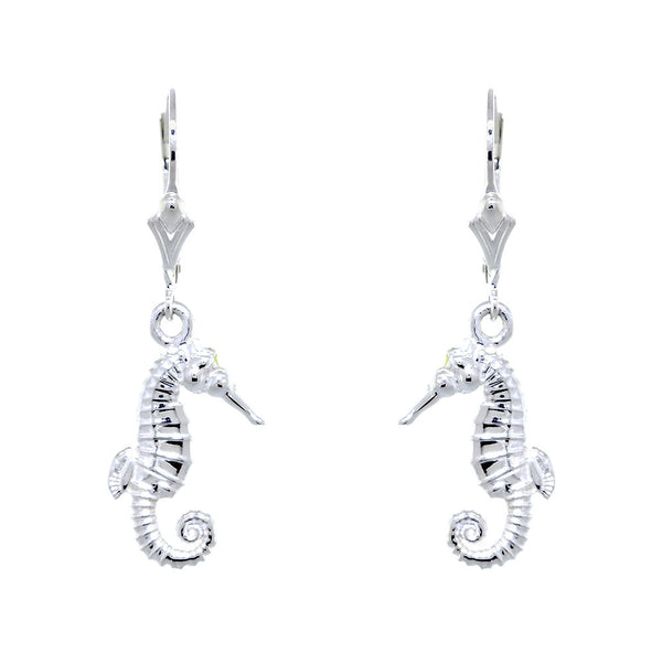17mm Small Seahorse Charm Lever Back Earrings in 14k White Gold