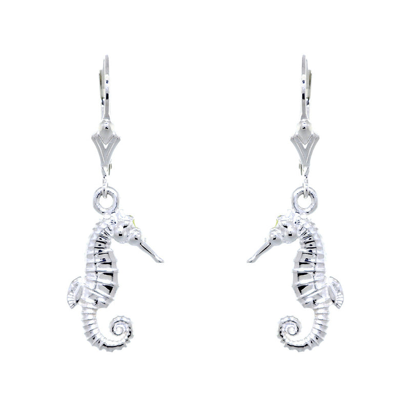 17mm Small Seahorse Charm Lever Back Earrings in 14k White Gold