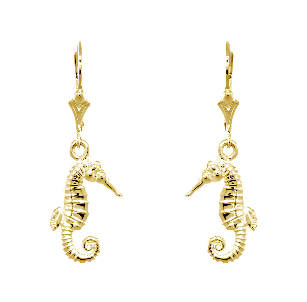 17mm Small Seahorse Charm Lever Back Earrings in 14k Yellow Gold