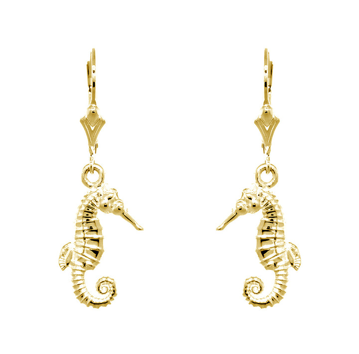 17mm Small Seahorse Charm Lever Back Earrings in 14k Yellow Gold