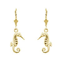 17mm Small Seahorse Charm Lever Back Earrings in 14k Yellow Gold