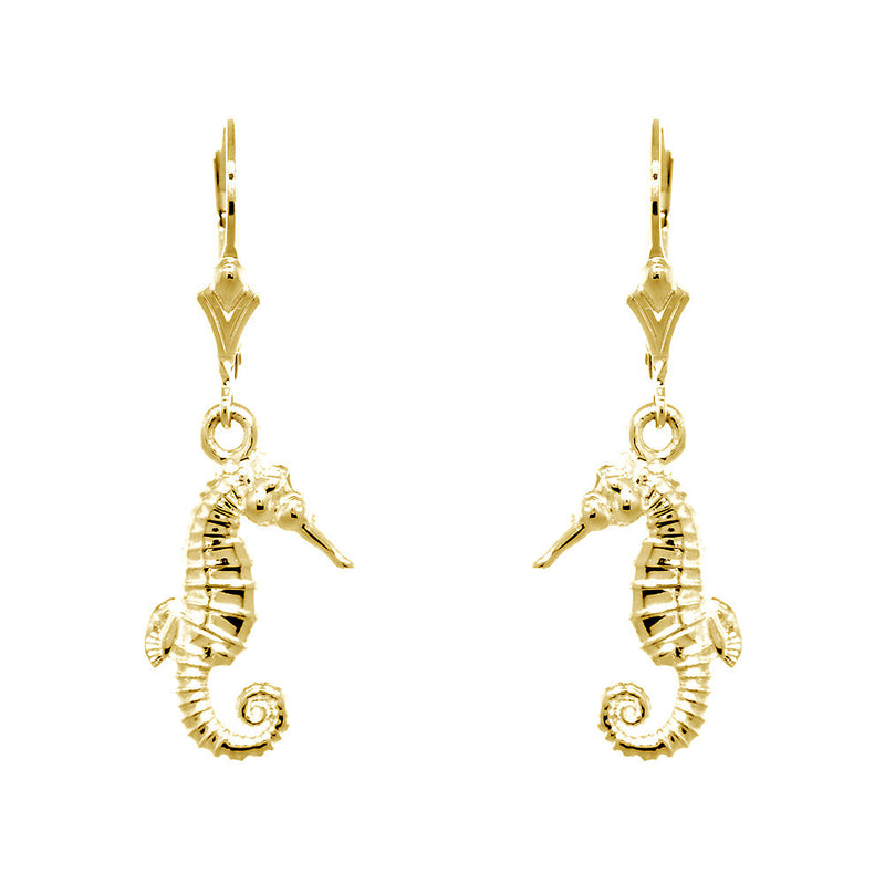 17mm Small Seahorse Charm Lever Back Earrings in 14k Yellow Gold