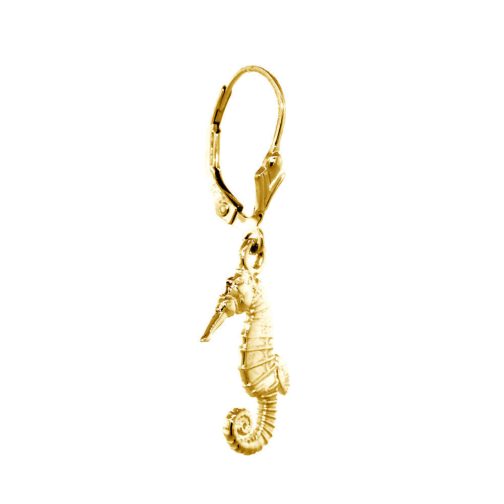17mm Small Seahorse Charm Lever Back Earrings in 14k Yellow Gold