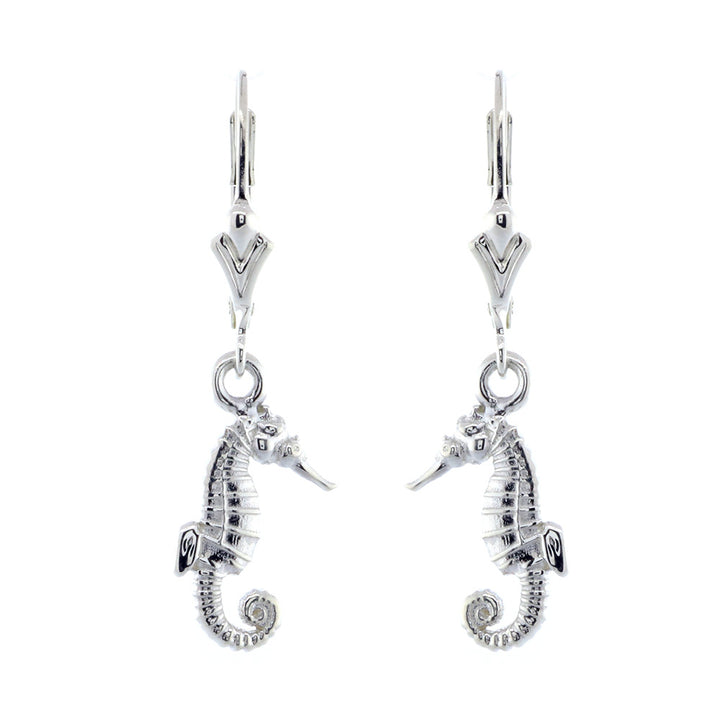 Mini Seahorse Charm Earrings in 14k White Gold