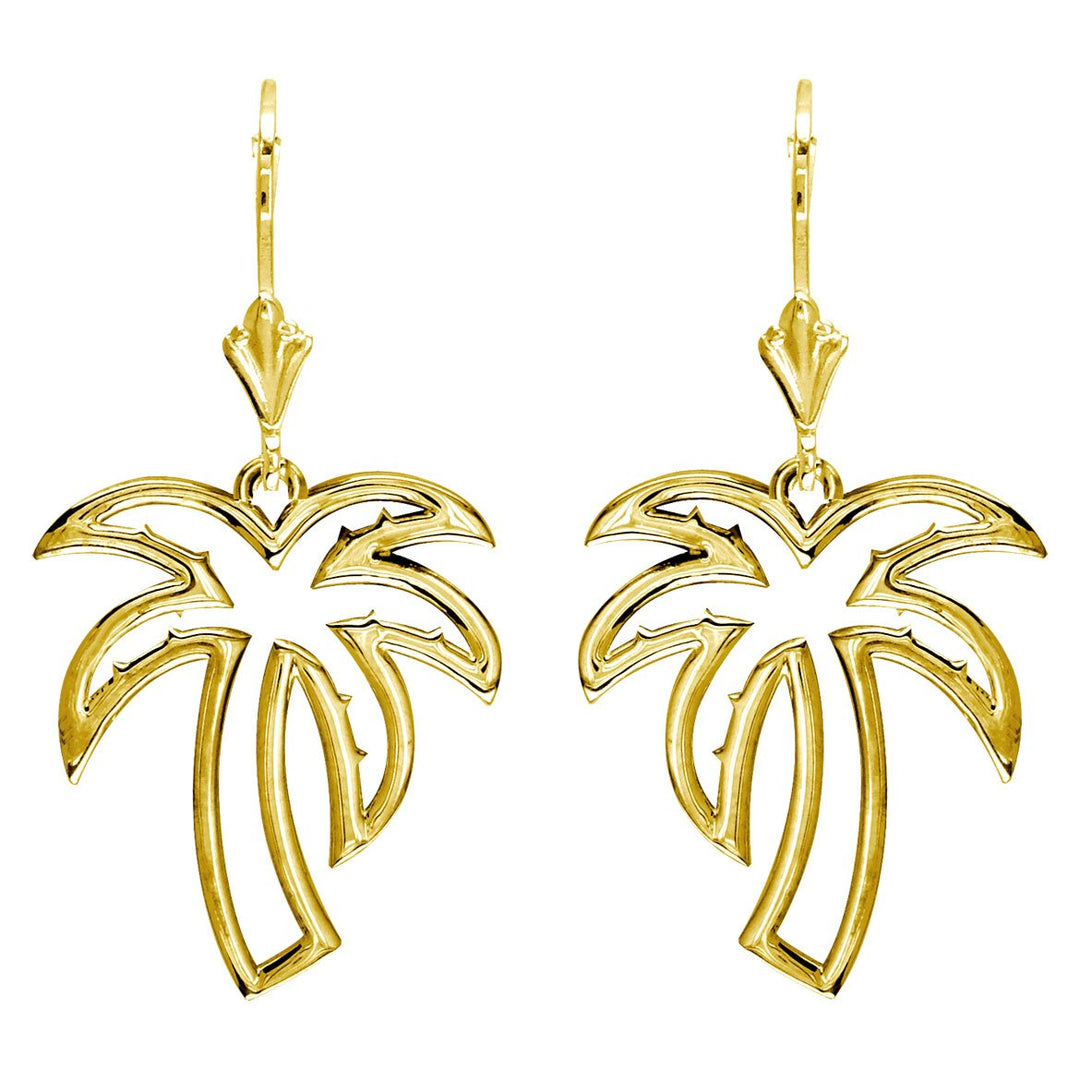 Open Palm Tree Leverback Earrings in 14K Yellow Gold