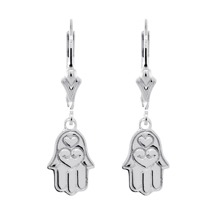 11mm Hamsa Charm Lever Back Earrings in 14k White Gold