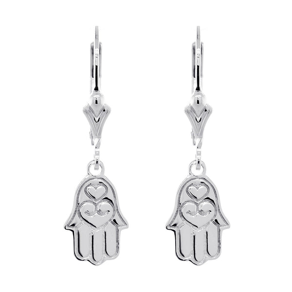 11mm Hamsa Charm Lever Back Earrings in 14k White Gold