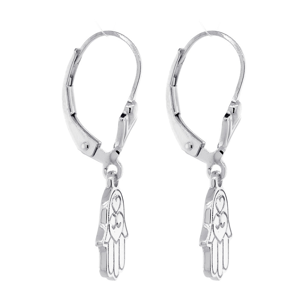 11mm Hamsa Charm Lever Back Earrings in 14k White Gold