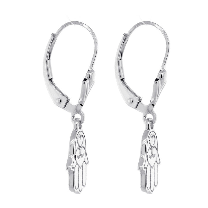 11mm Hamsa Charm Lever Back Earrings in 14k White Gold