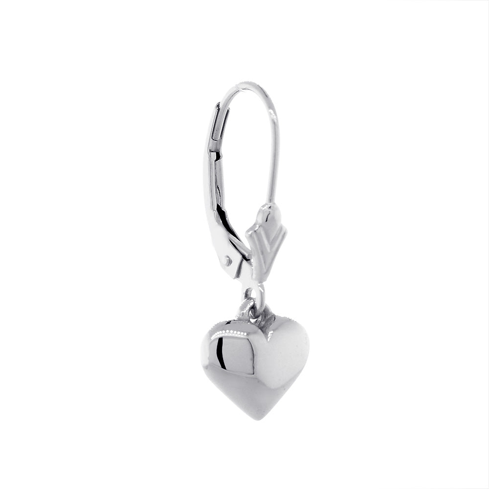 8mm Solid Domed, Puffed Heart Charm Leverback Earrings in 14K White Gold