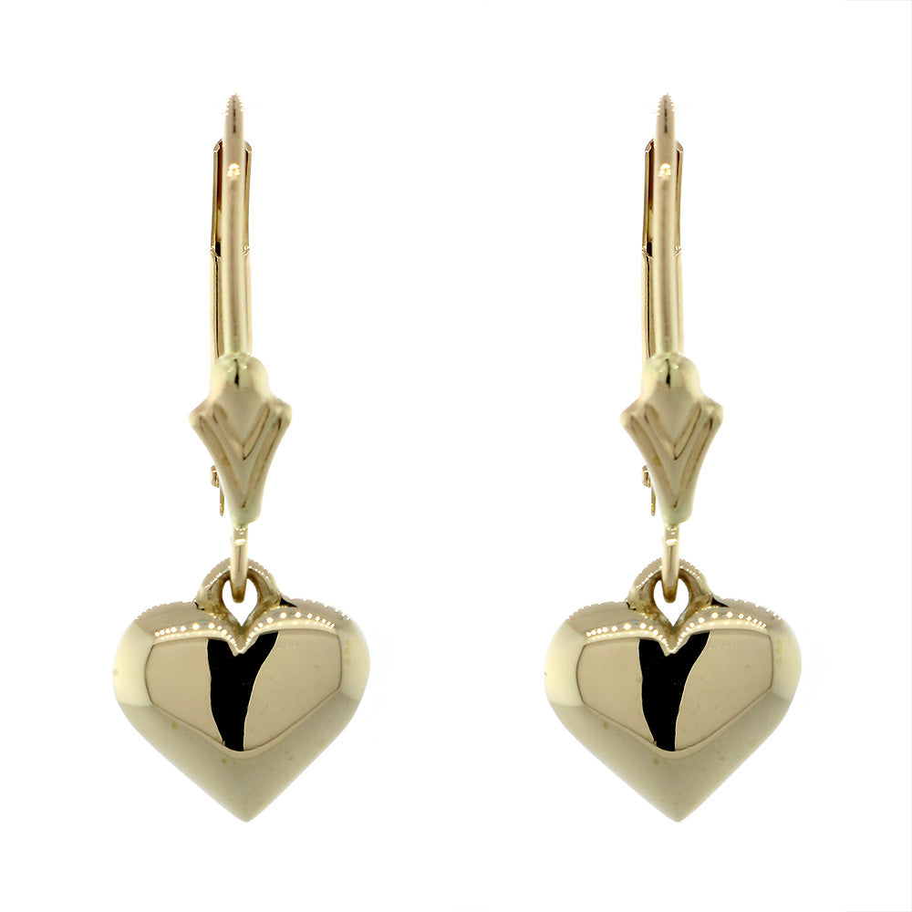 8mm Solid Domed, Puffed Heart Charm Leverback Earrings in 14K Yellow Gold