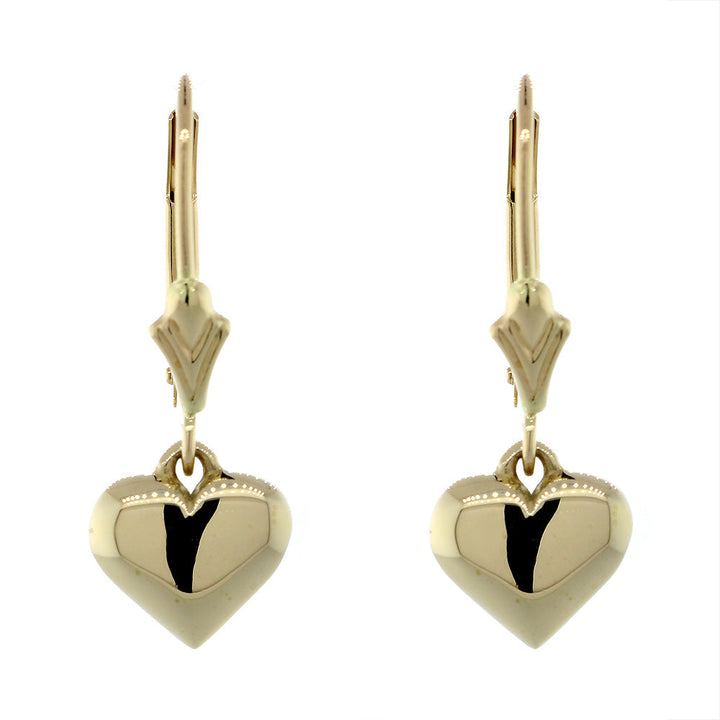 8mm Solid Domed, Puffed Heart Charm Leverback Earrings in 14K Yellow Gold