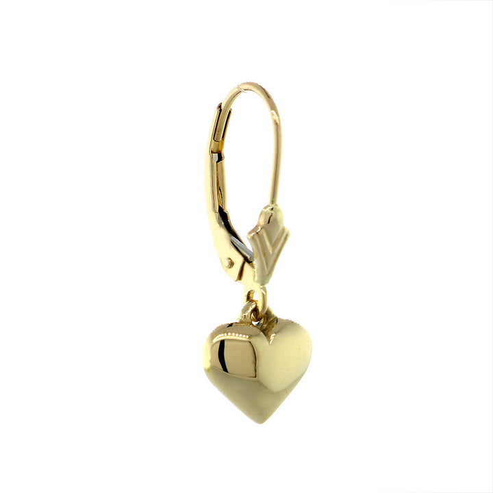 8mm Solid Domed, Puffed Heart Charm Leverback Earrings in 14K Yellow Gold