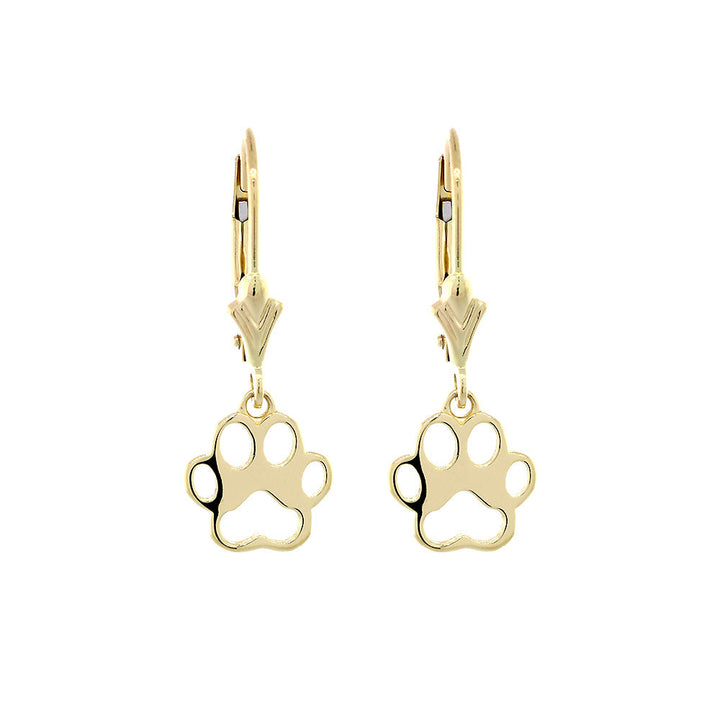 Open Dog Paw Charm Lever Back Earrings  in 14k Yellow Gold
