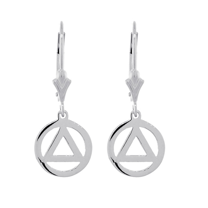 10mm AA Alcoholics Anonymous Sobriety Charm Lever Back Earrings  in 14k White Gold