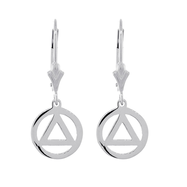 10mm AA Alcoholics Anonymous Sobriety Charm Lever Back Earrings  in 14k White Gold