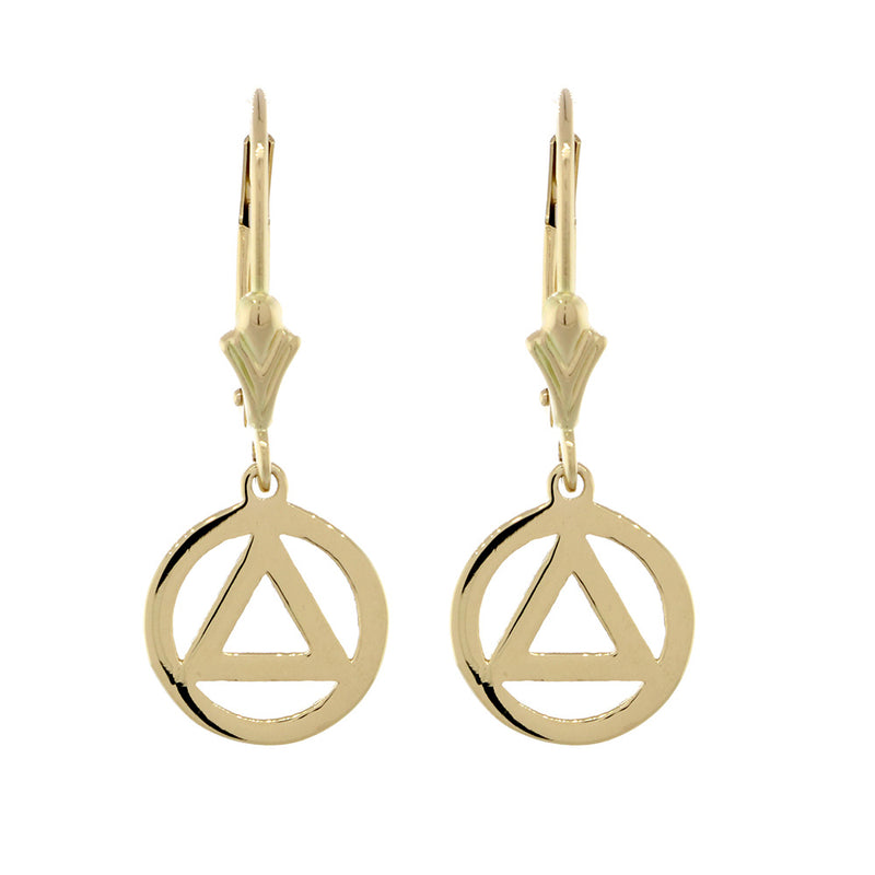 10mm AA Alcoholics Anonymous Sobriety Charm Lever Back Earrings  in 14k Yellow Gold