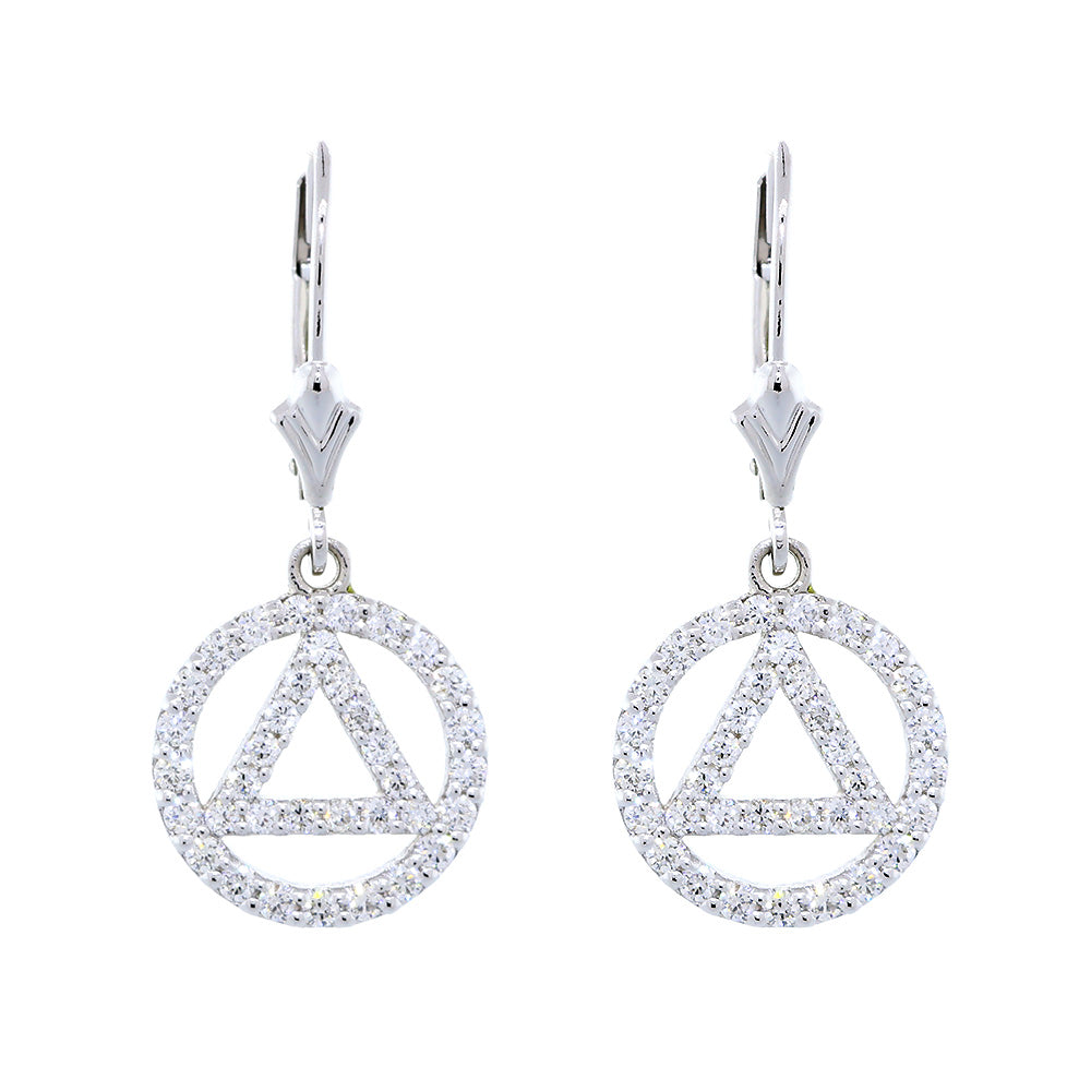 13mm Diamond Alcoholics Anonymous AA Sobriety Pendant Lever Back Earrings, 0.90CT in 14k White Gold