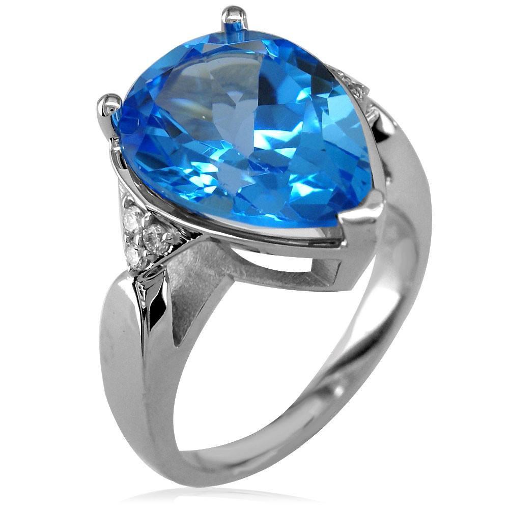 Pear Shaped Blue Topaz and Diamond Ladies Ring in 14K White Gold